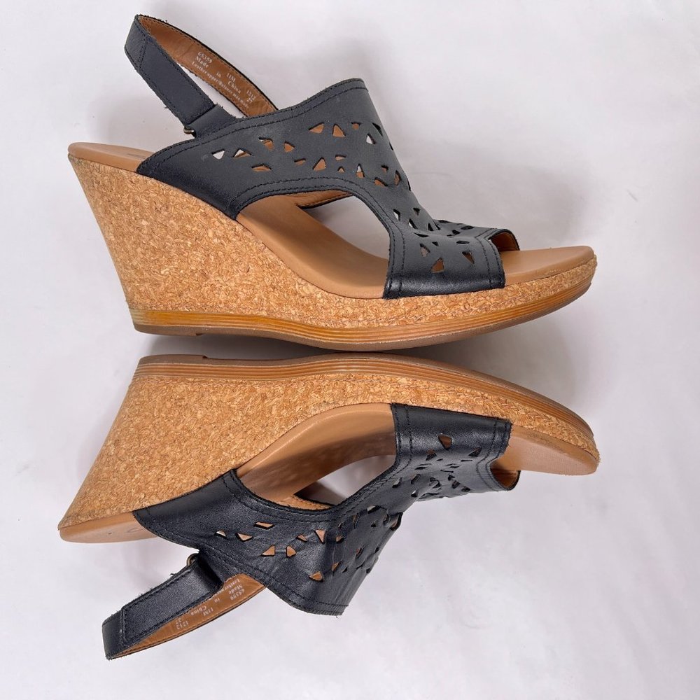 Clarks Black Tooled Leather Slingback Open Toe Cork Wedge Slide Sandals Size 11 - Picture 7 of 9